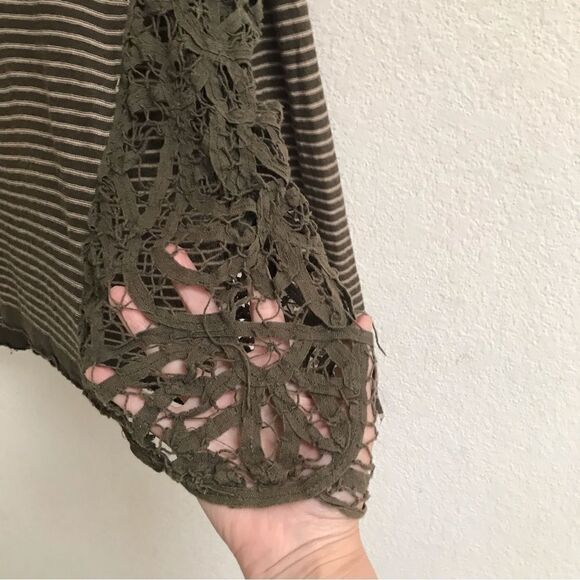 Free People striped olive green distressed grunge linen blend oversize sweater S - Picture 4 of 6